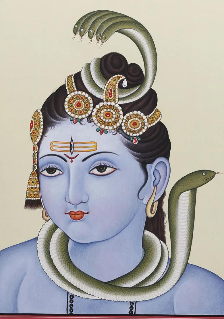 Serene Lord Shiva with Serpent Divine Watercolor Painting on Paper