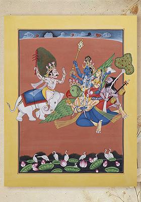 Lord Krishna Brings the Parijat Tree from Indra’s Heaven Watercolor Painting on Paper