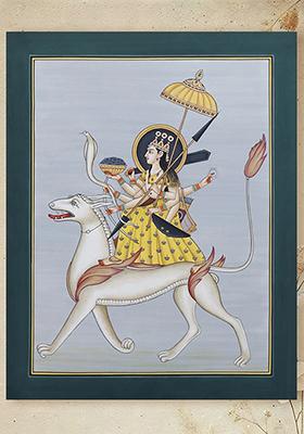 Divine Goddess Durga Riding Her Vahana Traditional Watercolor Painting on Paper