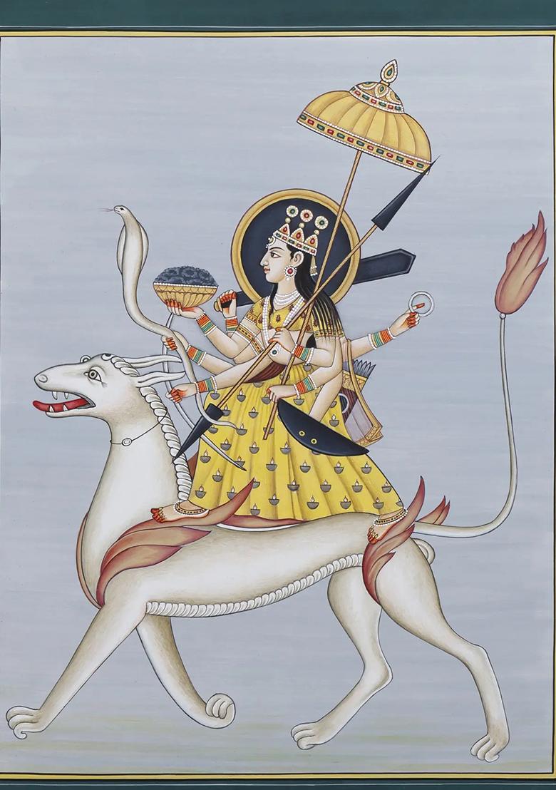 Divine Goddess Durga Riding Her Vahana Traditional Watercolor Painting on Paper