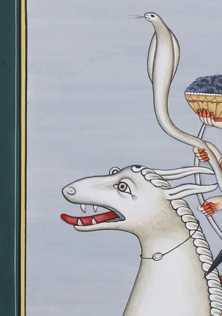 Divine Goddess Durga Riding Her Vahana Traditional Watercolor Painting on Paper