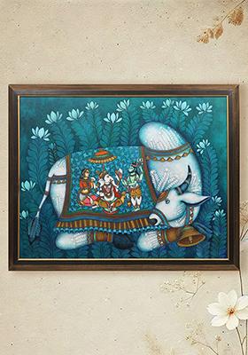 Divine Family Shiva Parvati and Ganesha on Nandi Acrylic on Canvas
