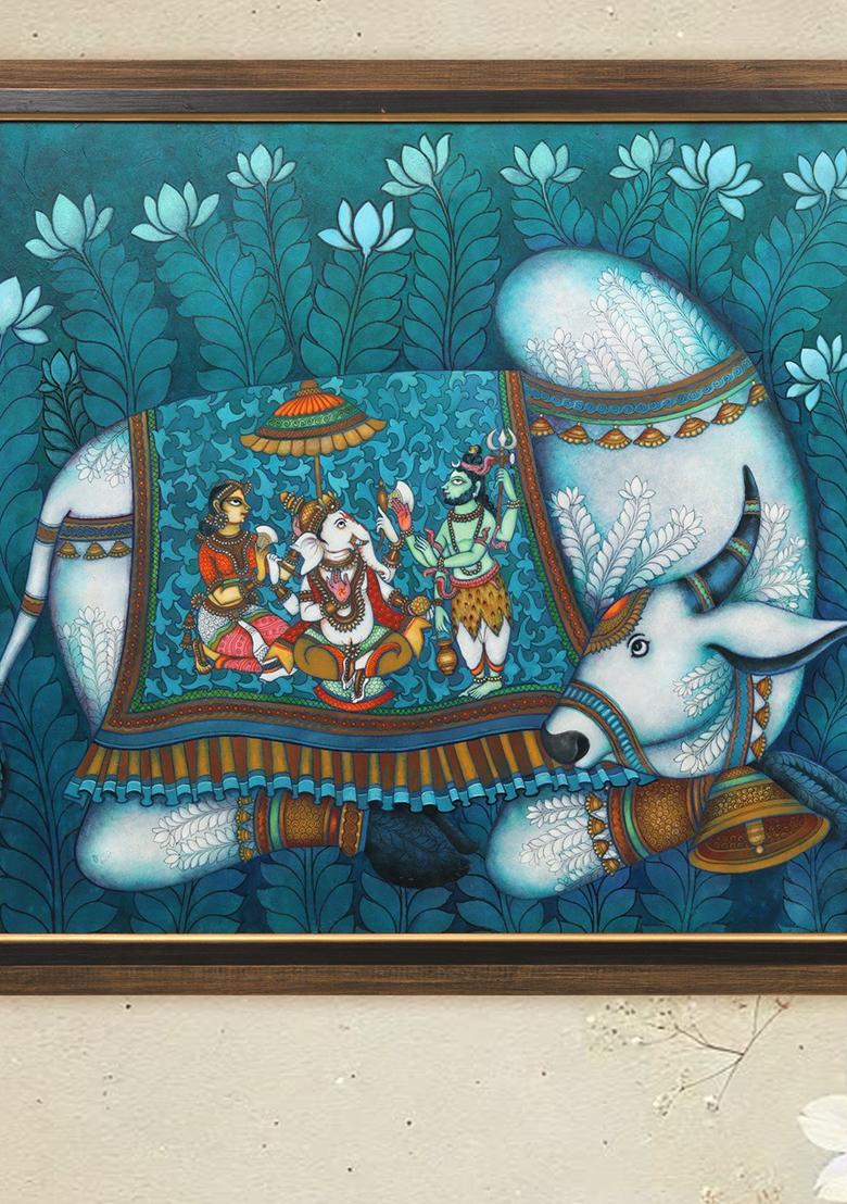 Divine Family Shiva Parvati and Ganesha on Nandi Acrylic on Canvas
