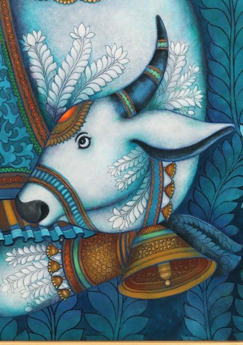 Divine Family Shiva Parvati and Ganesha on Nandi Acrylic on Canvas