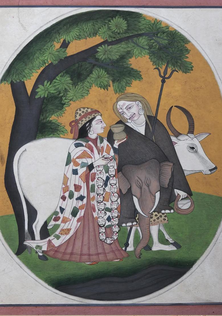 Gajantaka Shiva and Gauri Watercolor Painting Divine Hindu Art