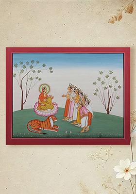 Gods Visiting Devi Parvati KangraStyle Watercolor Painting on Paper