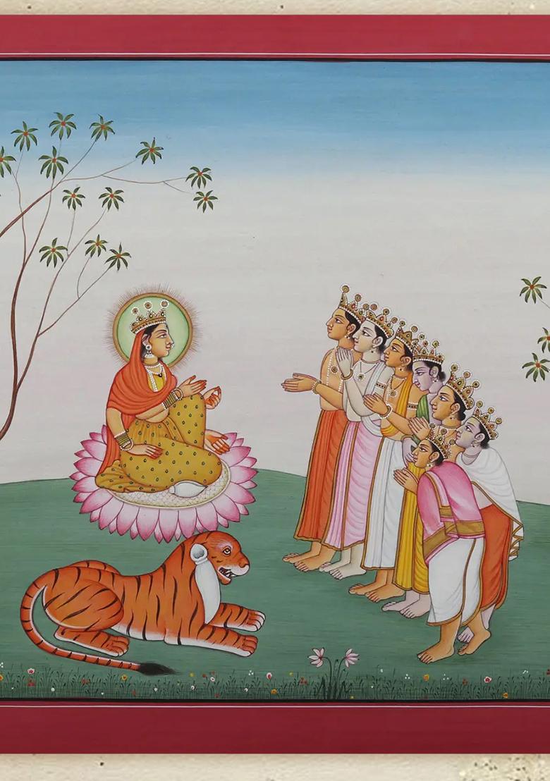 Gods Visiting Devi Parvati KangraStyle Watercolor Painting on Paper