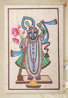 Srinathji Traditional Pichwai Style Watercolor Painting of Lord Krishna
