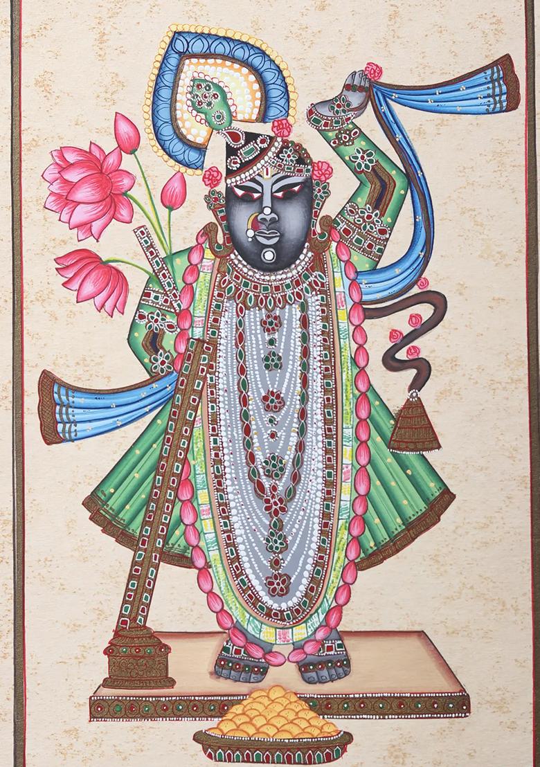 Srinathji Traditional Pichwai Style Watercolor Painting of Lord Krishna