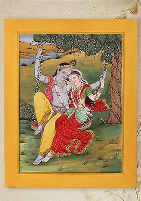 Radha Krishna on Swing Romantic Watercolor Painting of Divine Love