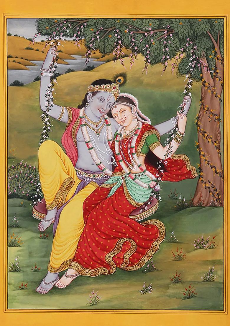 Radha Krishna on Swing Romantic Watercolor Painting of Divine Love