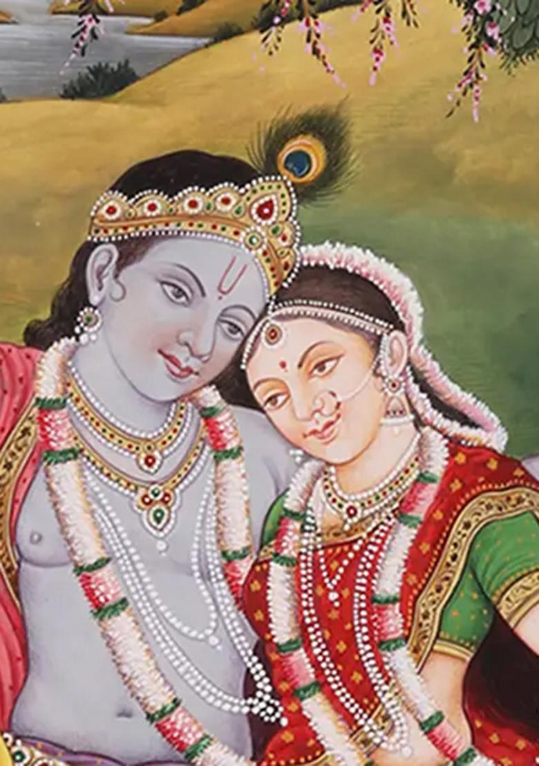 Radha Krishna on Swing Romantic Watercolor Painting of Divine Love