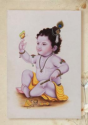 Baby Krishna with Butterfly Enchanting Watercolor Painting of Bal Gopal