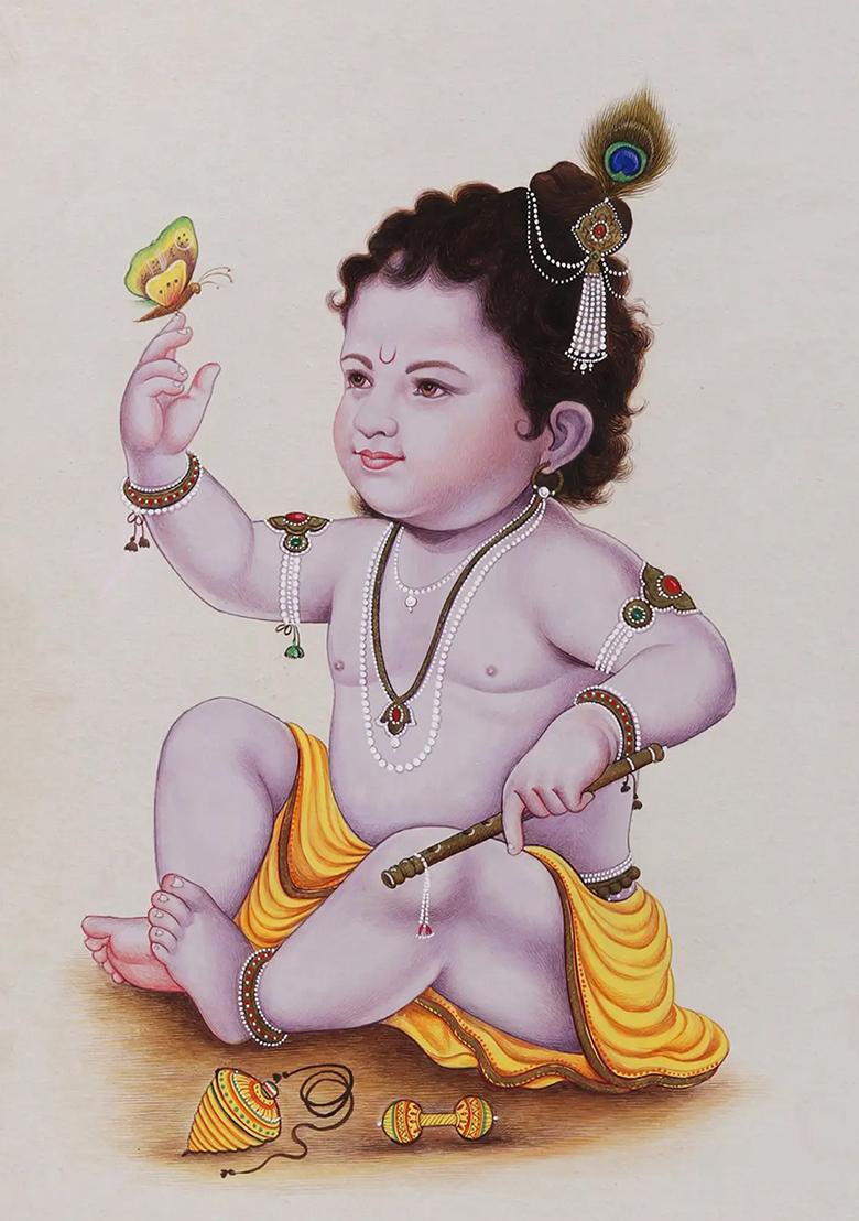 Baby Krishna with Butterfly Enchanting Watercolor Painting of Bal Gopal