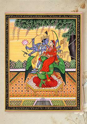 Lord Vishnu with Goddess Lakshmi on Garuda Divine Traditional Painting