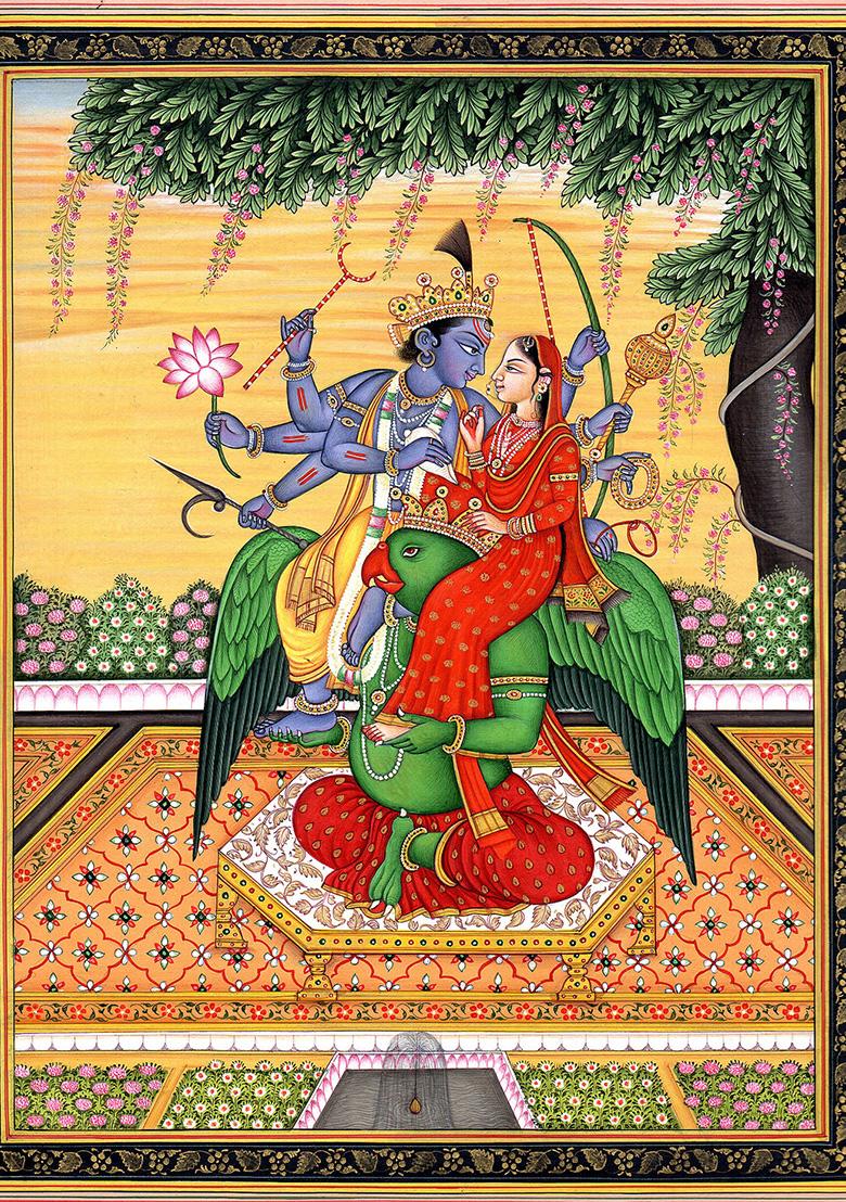 Lord Vishnu with Goddess Lakshmi on Garuda Divine Traditional Painting