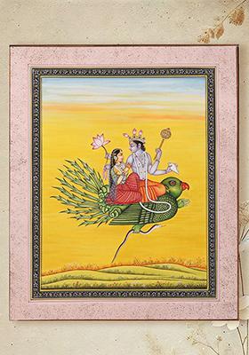 Lord Vishnu and Goddess Lakshmi on Garuda Traditional Indian Painting