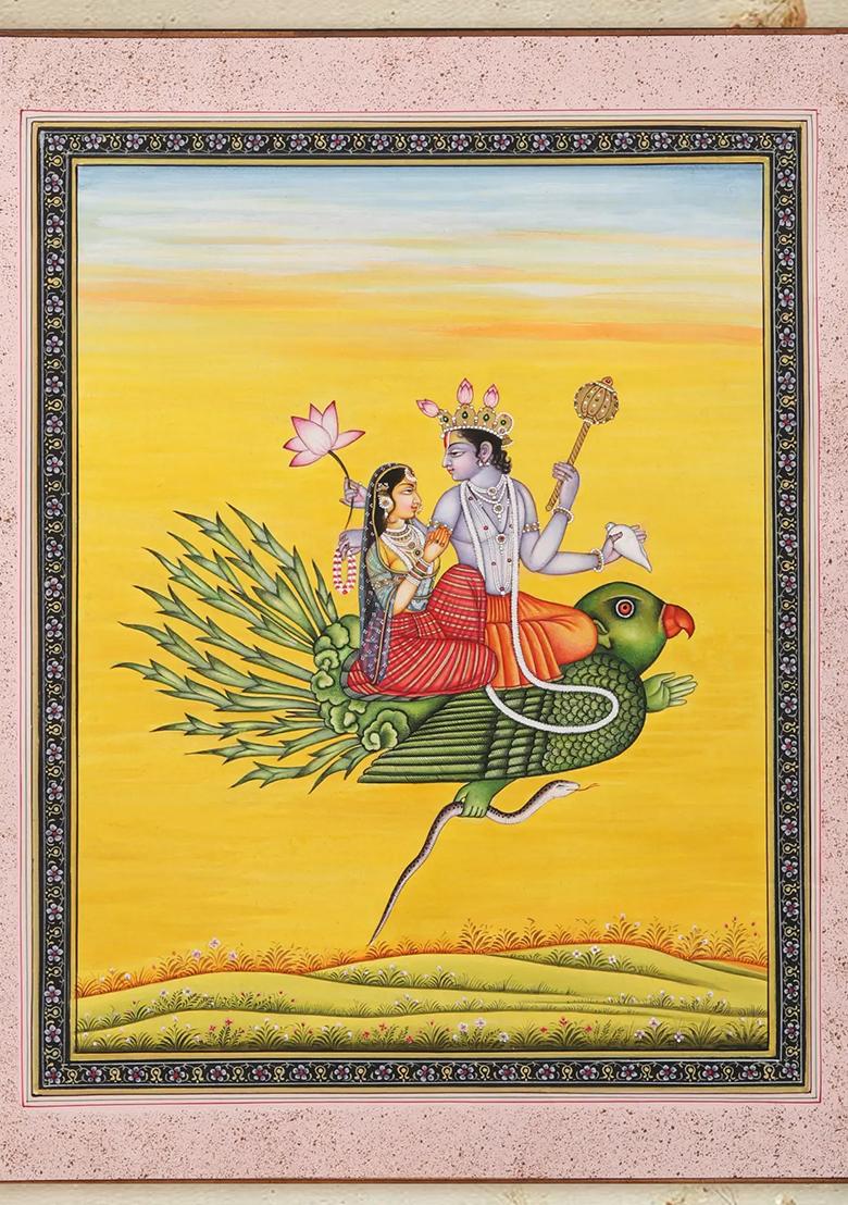 Lord Vishnu and Goddess Lakshmi on Garuda Traditional Indian Painting