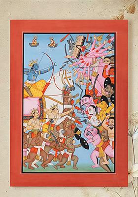 Rama Killing Ravana Epic Ramayana Battle Scene in Traditional Indian Art