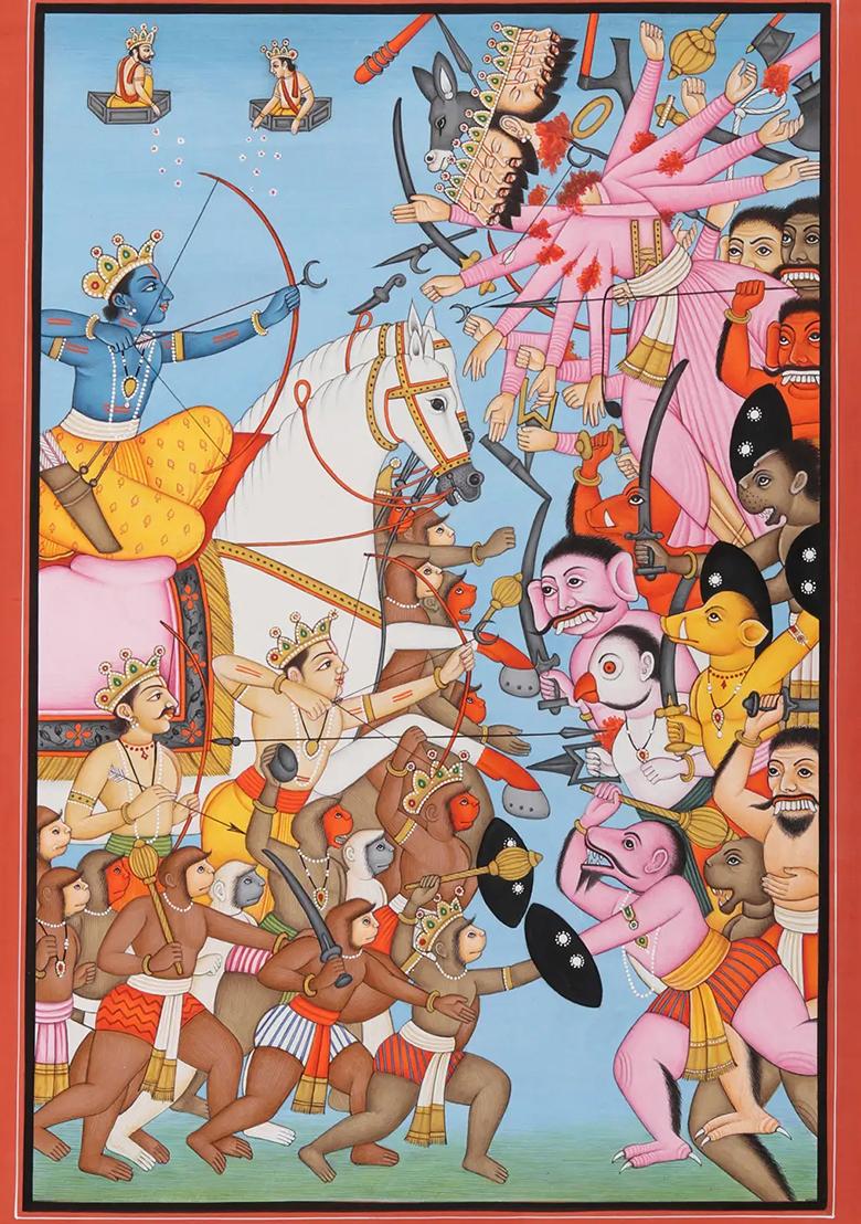 Rama Killing Ravana Epic Ramayana Battle Scene in Traditional Indian Art