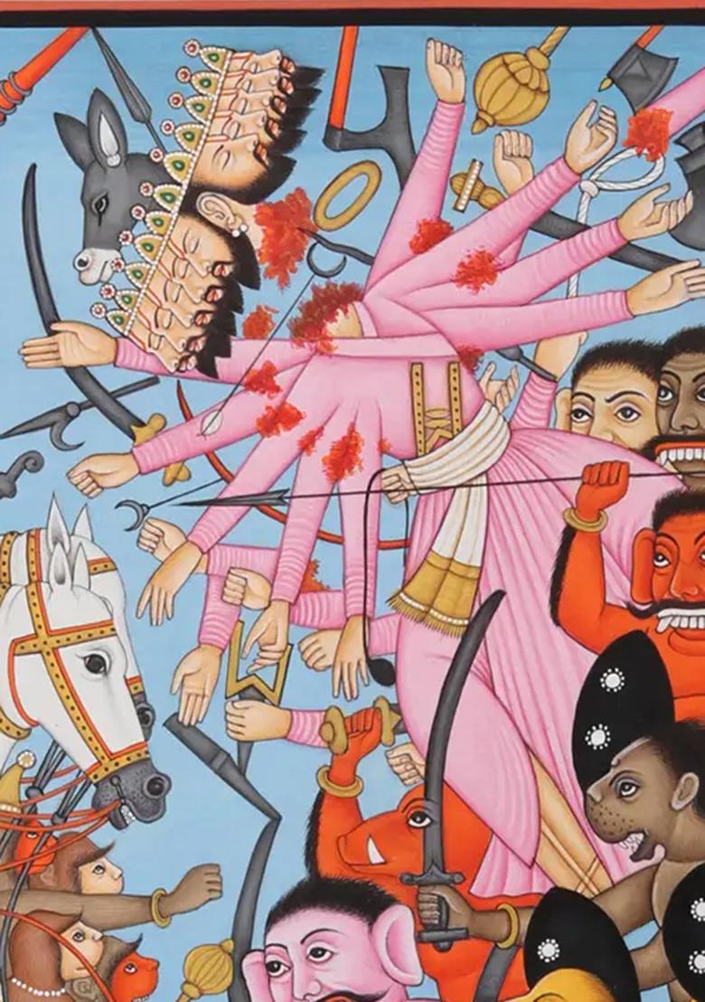 Rama Killing Ravana Epic Ramayana Battle Scene in Traditional Indian Art