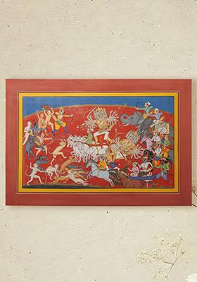 Lord Rama Killing Ravana Epic Ramayana Battle Scene in Traditional Indian Art