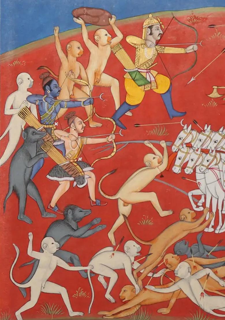 Lord Rama Killing Ravana Epic Ramayana Battle Scene in Traditional Indian Art