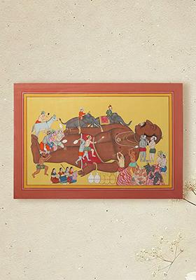 Attendants Waking Kumbhakarna Traditional Indian Painting from the Ramayana