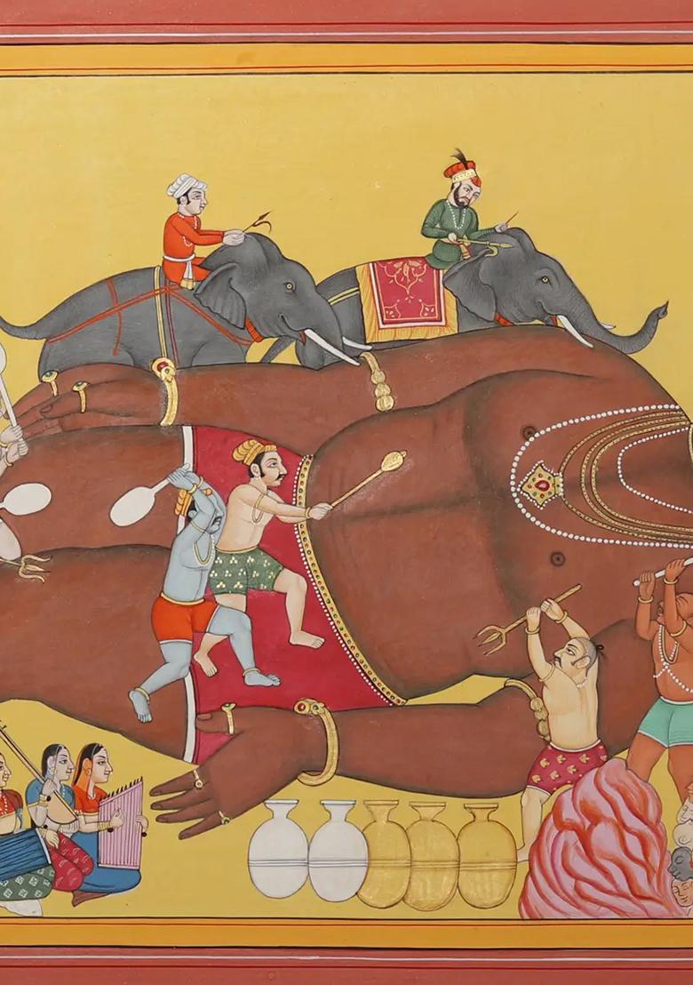 Attendants Waking Kumbhakarna Traditional Indian Painting from the Ramayana