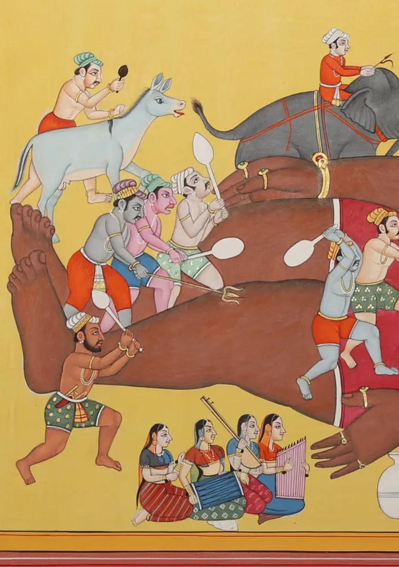 Attendants Waking Kumbhakarna Traditional Indian Painting from the Ramayana