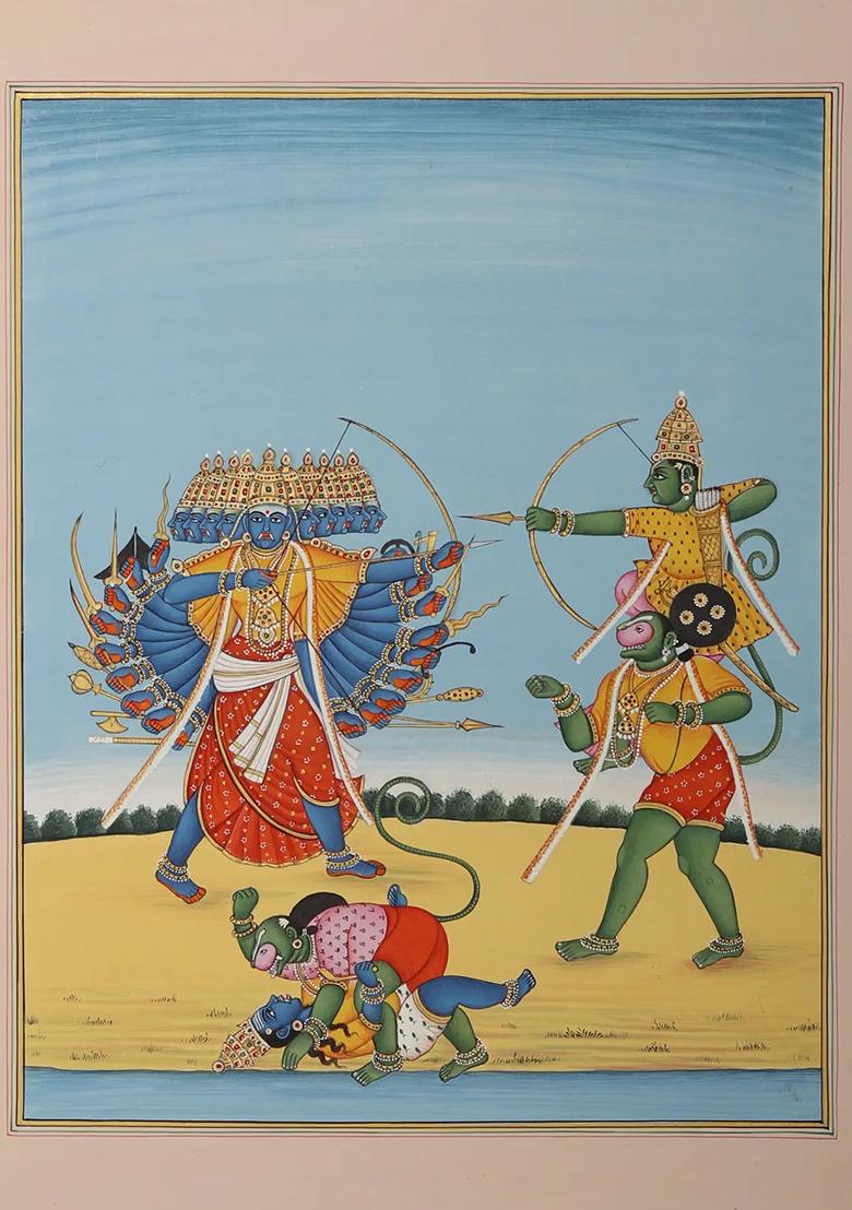 Lord Rama Killing Ravana Epic Ramayana Battle in Traditional Indian Art