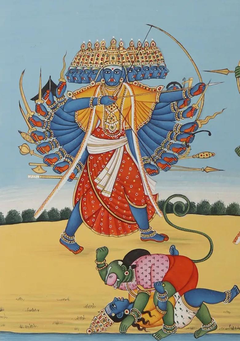 Lord Rama Killing Ravana Epic Ramayana Battle in Traditional Indian Art