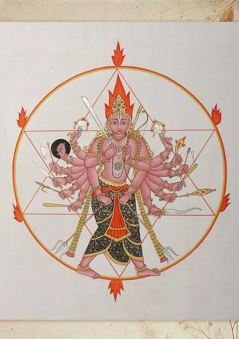 Vishnu as Lord Sudarshana Divine Protector in Traditional Hindu Mythology Art