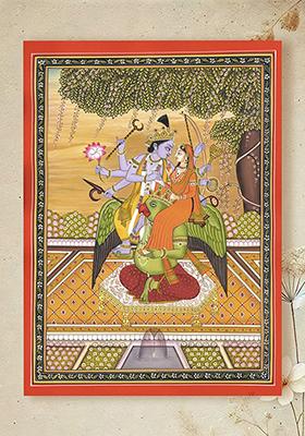 Lord Vishnu and Goddess Lakshmi on Garuda Handmade Watercolor Painting