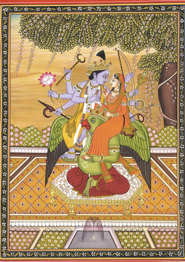 Lord Vishnu and Goddess Lakshmi on Garuda Handmade Watercolor Painting