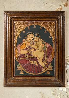 Framed Bal Krishna with Maa Yashoda Vintage Tanjore Style Painting