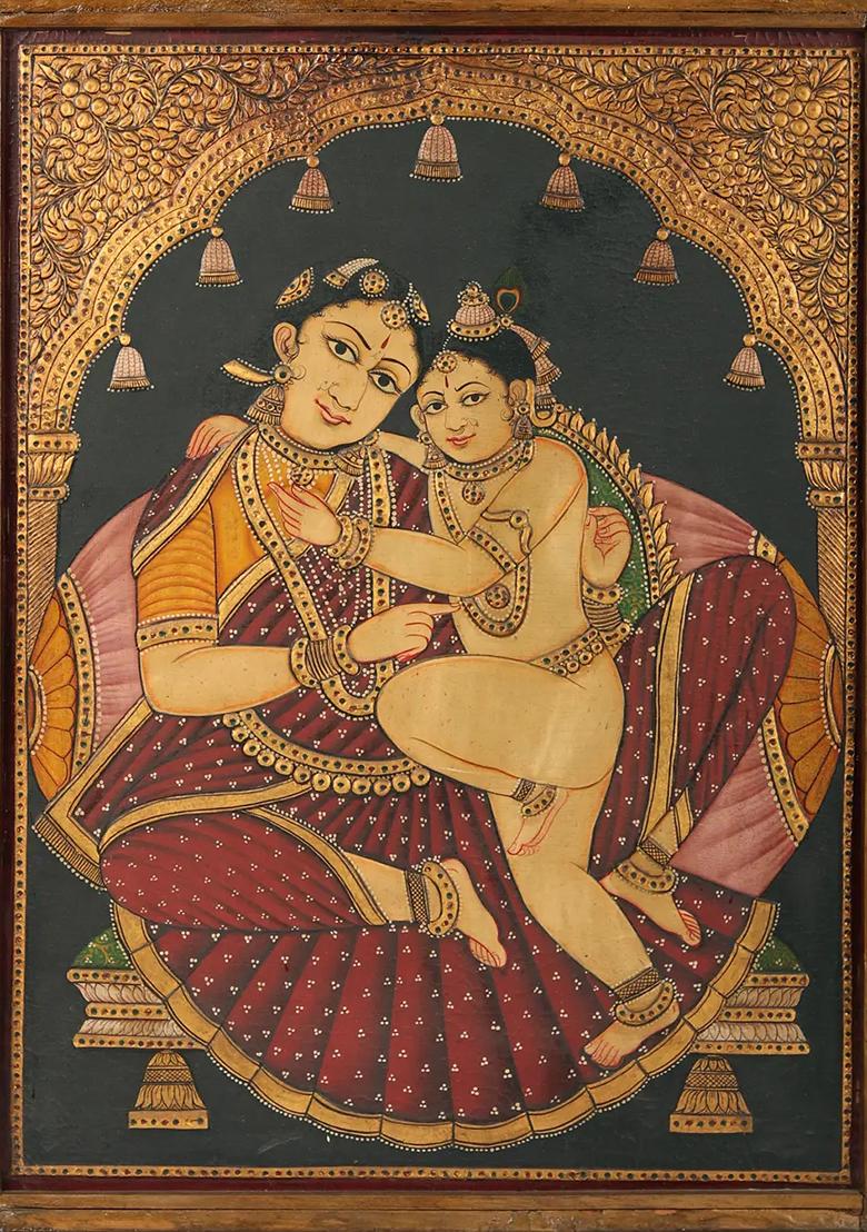 Framed Bal Krishna with Maa Yashoda Vintage Tanjore Style Painting