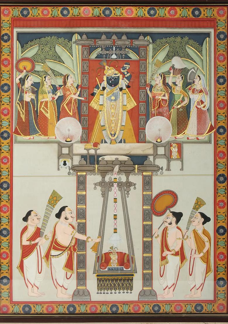 Shrinathji Darshan Watercolor Painting on Cloth with Frame