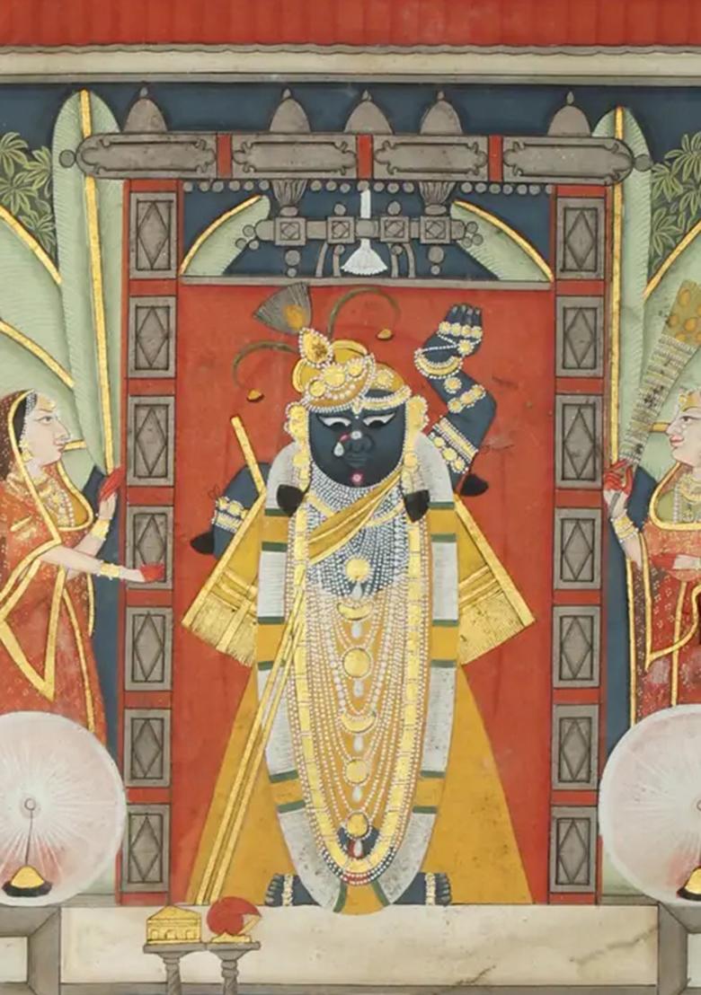 Shrinathji Darshan Watercolor Painting on Cloth with Frame