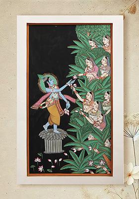 Painting of Gopis Offering Lotus to Lord Krishna Watercolor on Paper