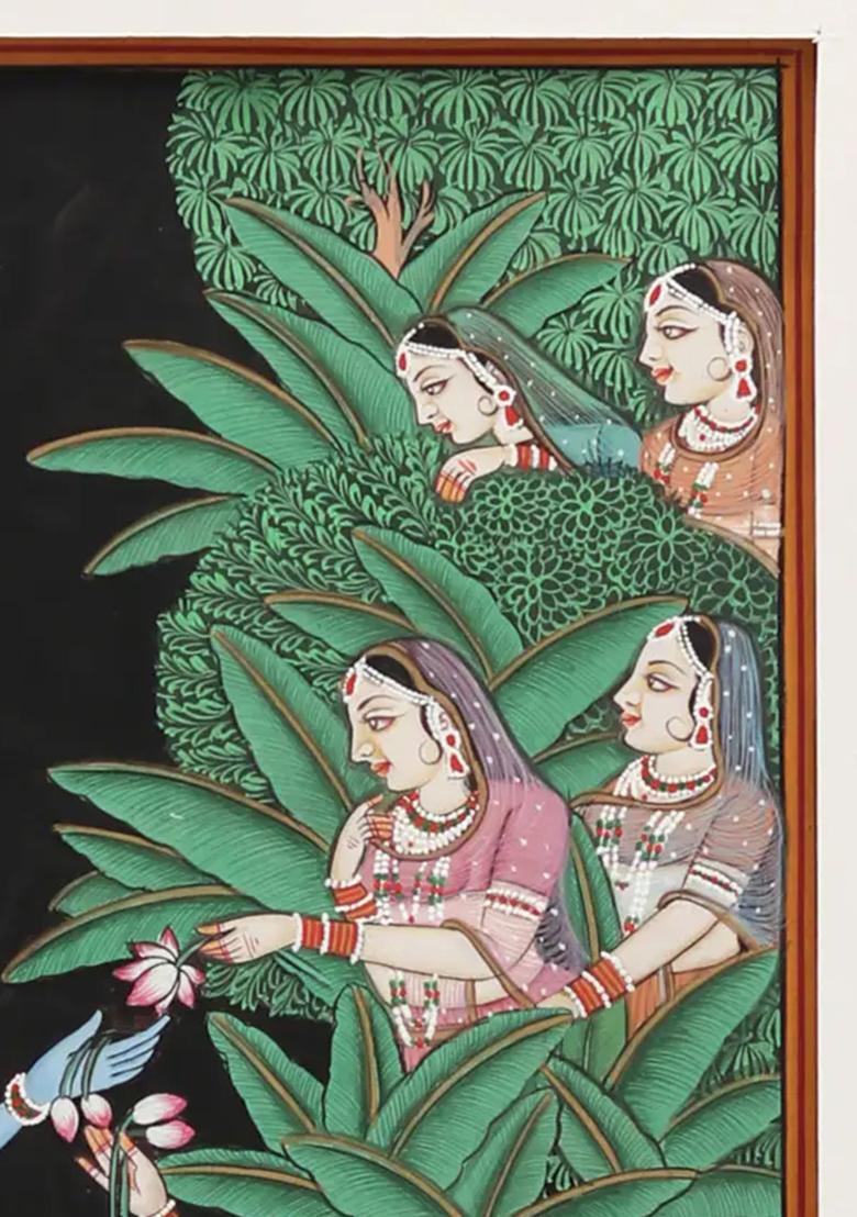 Painting of Gopis Offering Lotus to Lord Krishna Watercolor on Paper