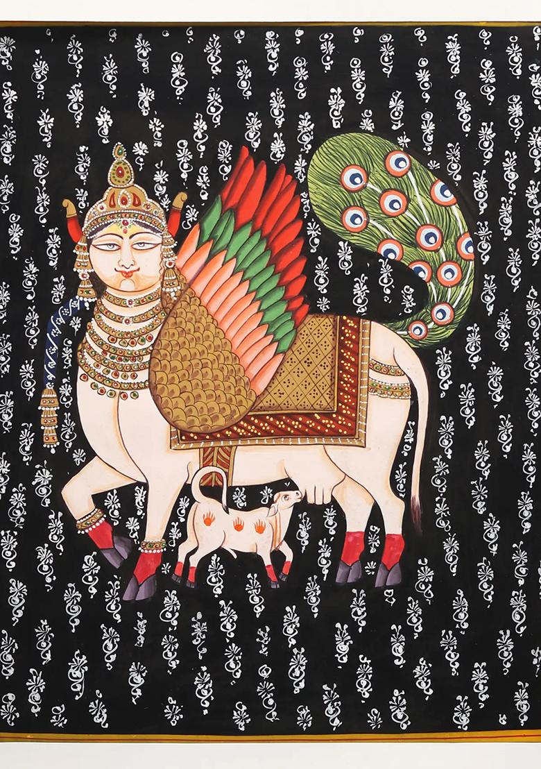 Kamadhenu Cow and Calf Painting Watercolor on Paper