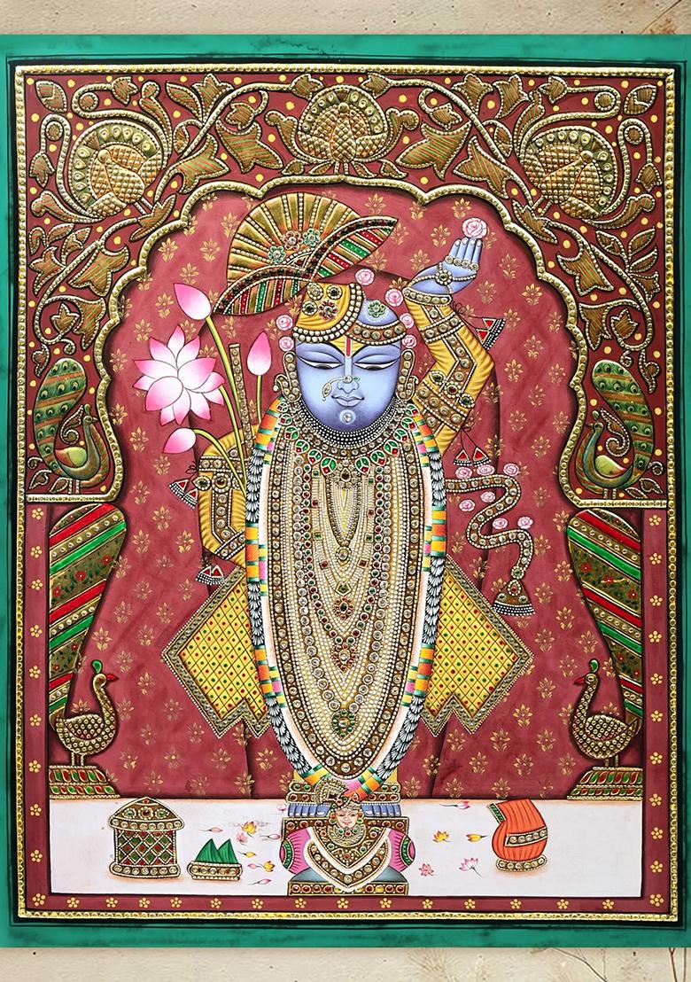 Jewelled Lord Shrinathji Pichwai Painting Divine Krishna Art with Rich Aura