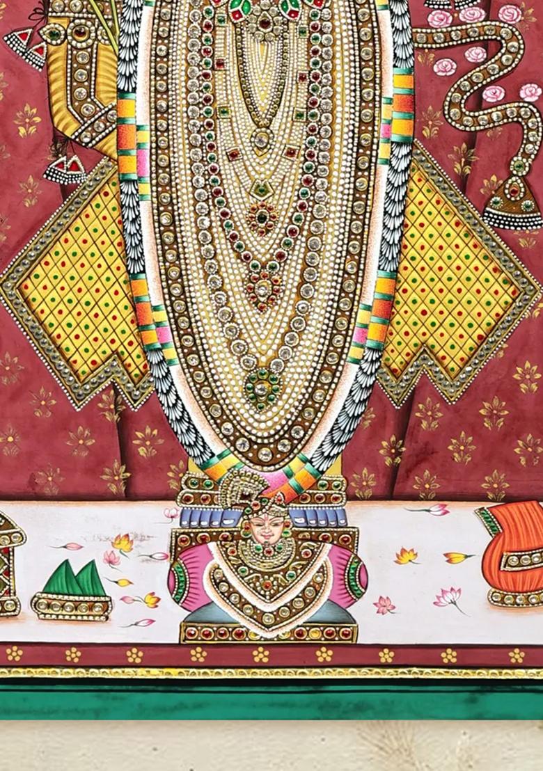 Jewelled Lord Shrinathji Pichwai Painting Divine Krishna Art with Rich Aura