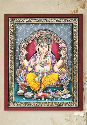 Lord Ganesha Seated on a Royal Throne Divine Handmade Painting