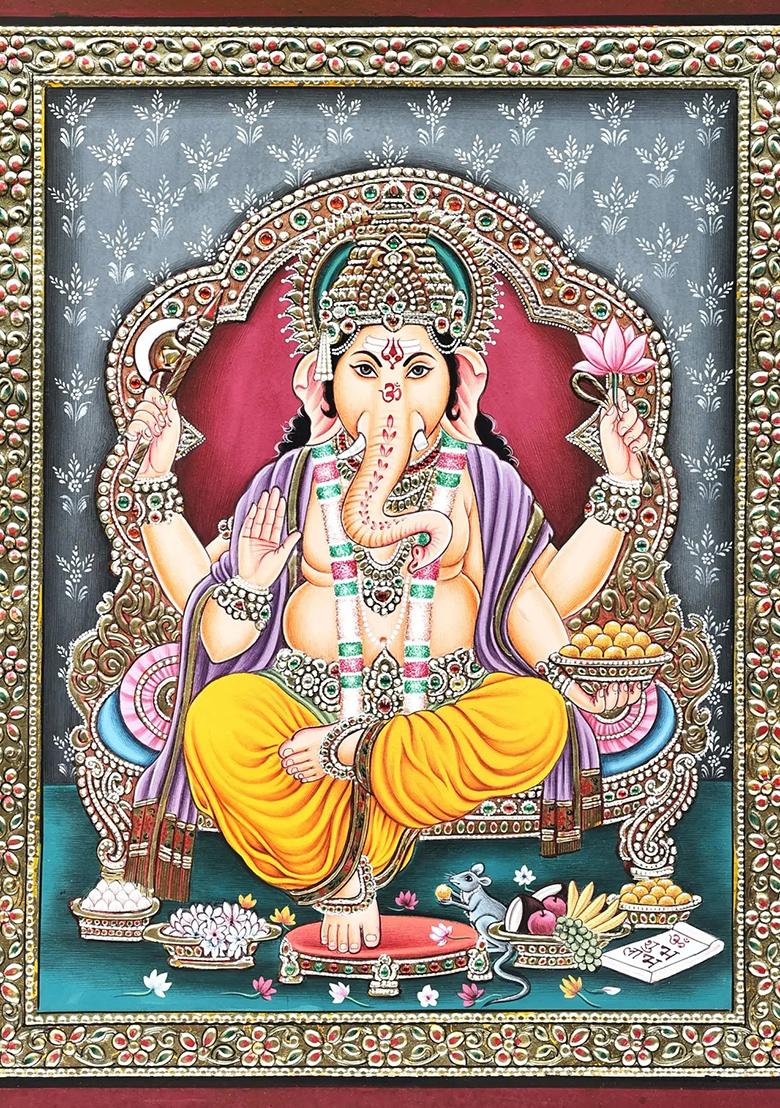 Lord Ganesha Seated on a Royal Throne Divine Handmade Painting