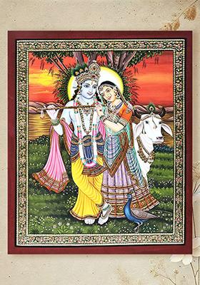 Radha Krishna Love Painting Divine Art Amidst a Calming Sunset