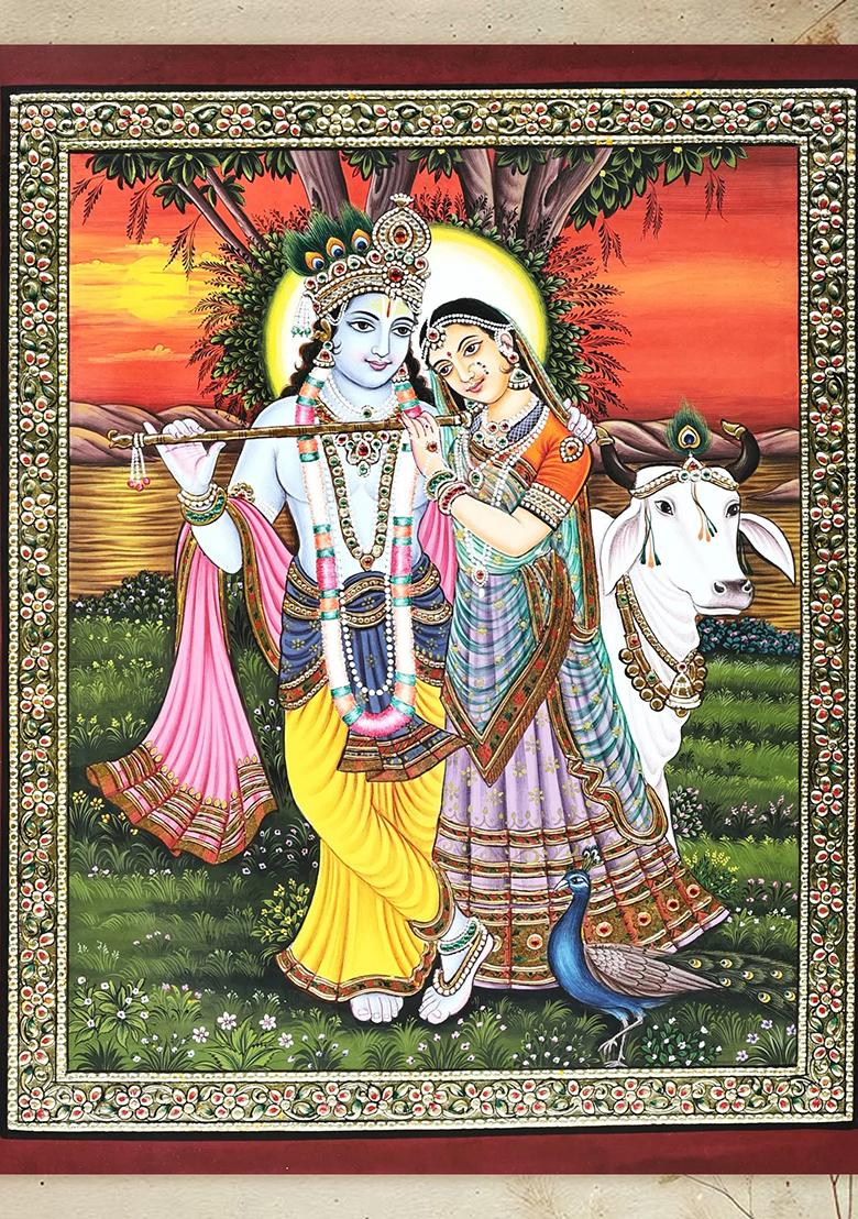 Radha Krishna Love Painting Divine Art Amidst a Calming Sunset