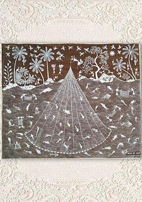 Fishing Net and Fisherman Warli Painting Traditional Tribal Art of Coastal Life