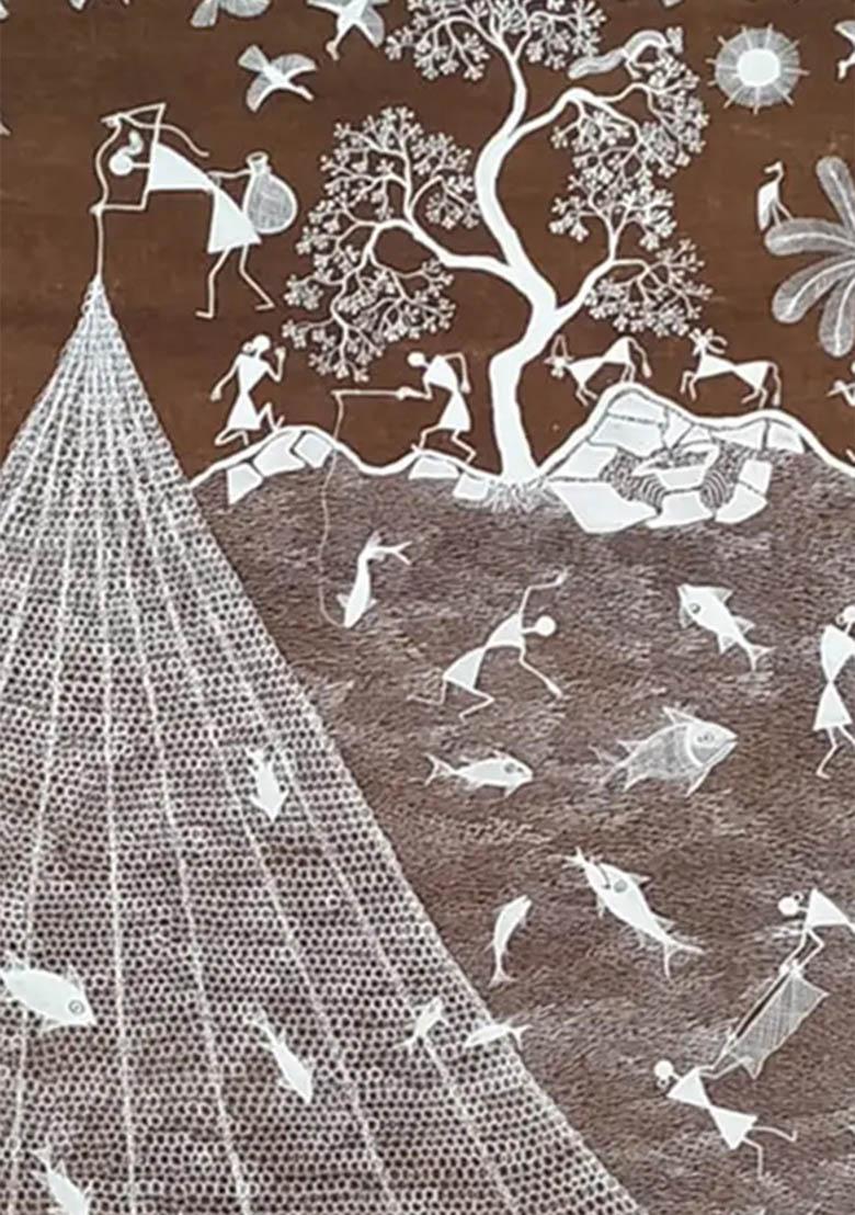 Fishing Net and Fisherman Warli Painting Traditional Tribal Art of Coastal Life